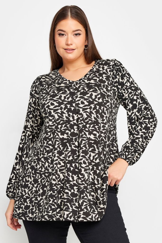 Curve Black & White Floral Print Long Sleeve Swing Top, Women's Curve & Plus Size, Yours