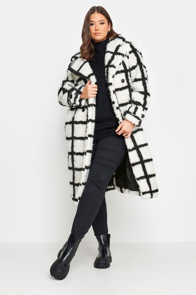 Curve White & Black Check Teddy Maxi Coat, Women's Curve & Plus Size, Yours