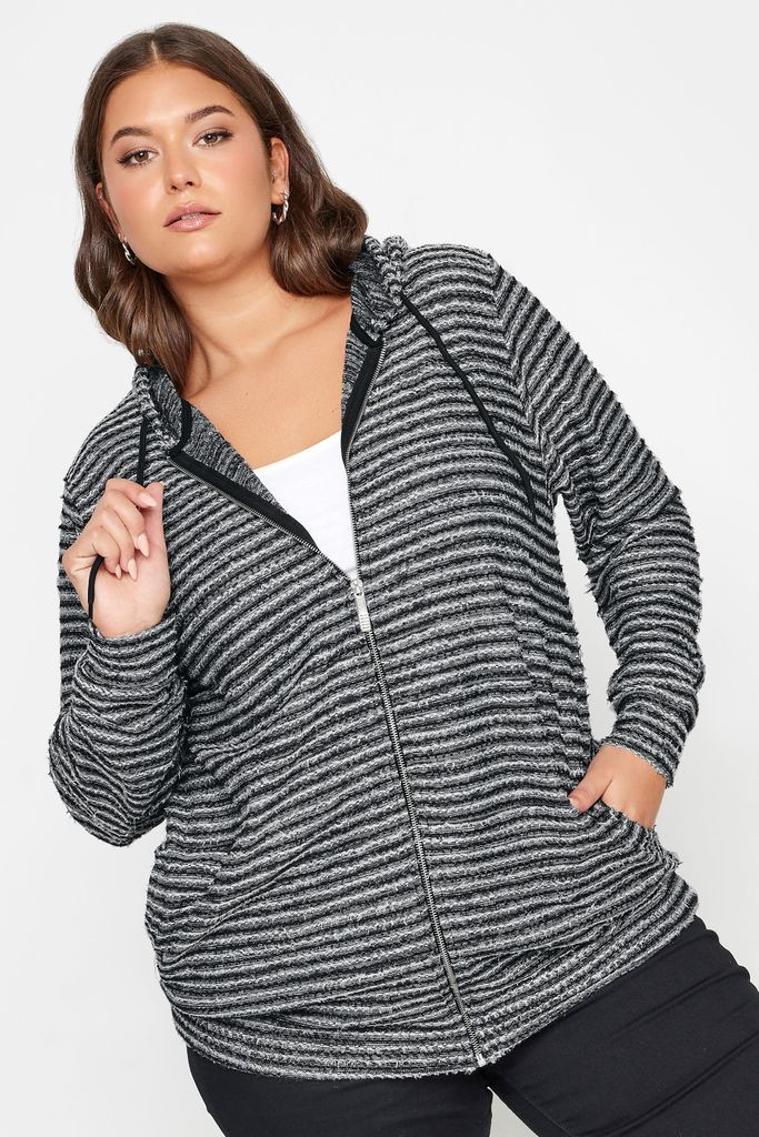 Curve Black & White Textured Knit Zip Up Hoodie, Women's Curve & Plus Size, Yours