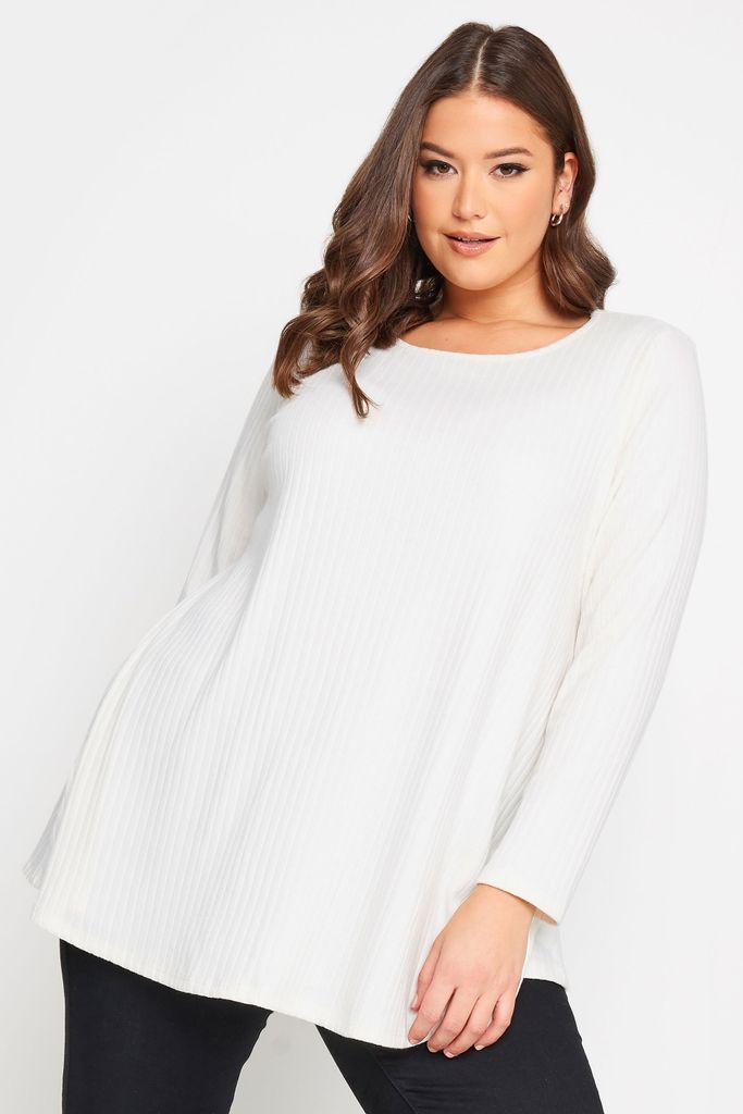 Curve White Long Sleeve Ribbed Swing Top, Women's Curve & Plus Size, Yours