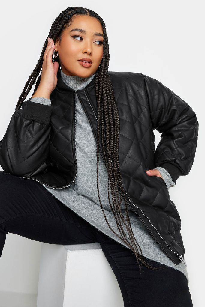 Curve Black Quilted Faux Leather Bomber Jacket, Women's Curve & Plus Size, Yours