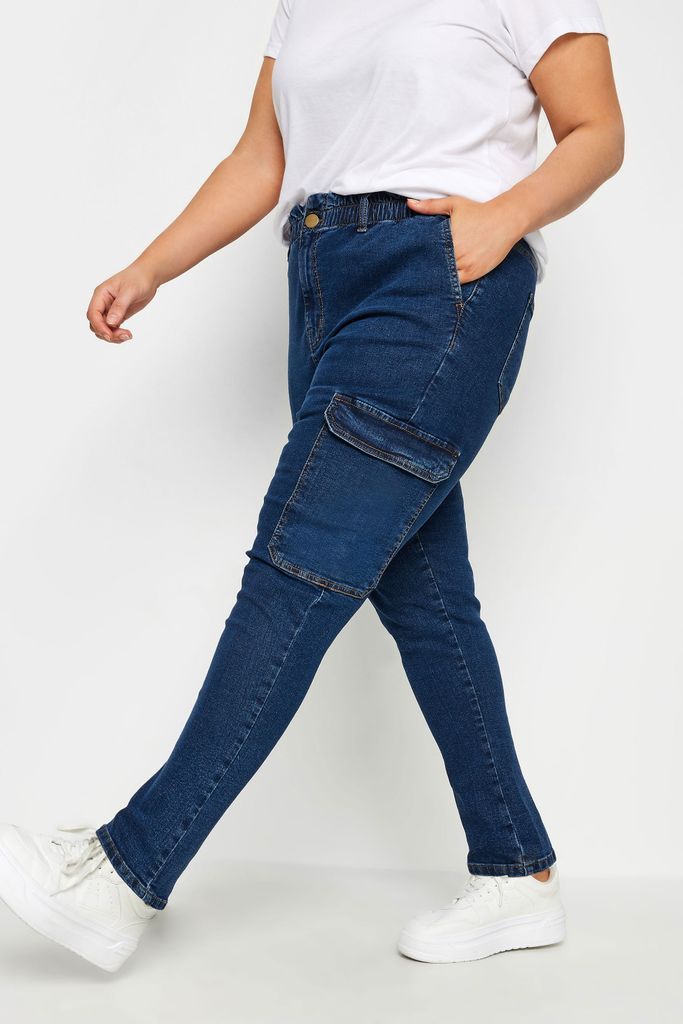Curve Dark Blue Cargo Mom Jeans, Women's Curve & Plus Size, Yours