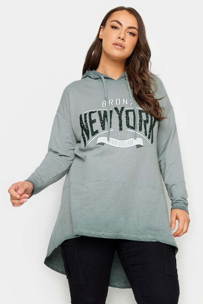 Curve Grey 'New York' Slogan Acid Wash Hoodie, Women's Curve & Plus Size, Yours