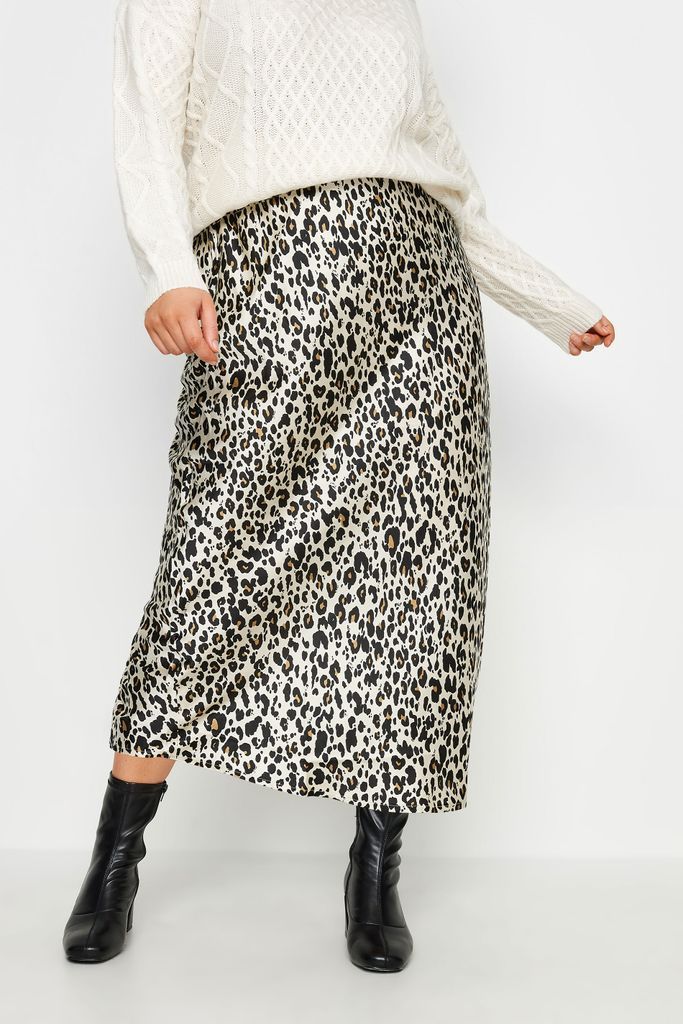 Curve Cream Leopard Print Satin Midi Skirt, Women's Curve & Plus Size, Yours