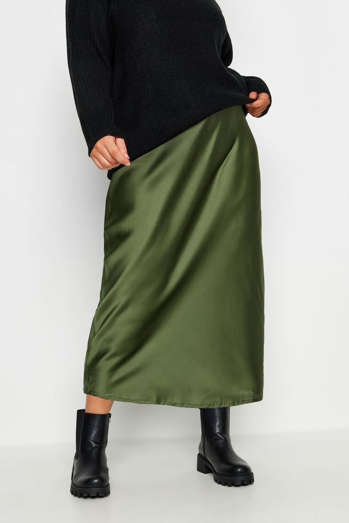 Curve Olive Green Satin Midi Skirt, Women's Curve & Plus Size, Yours
