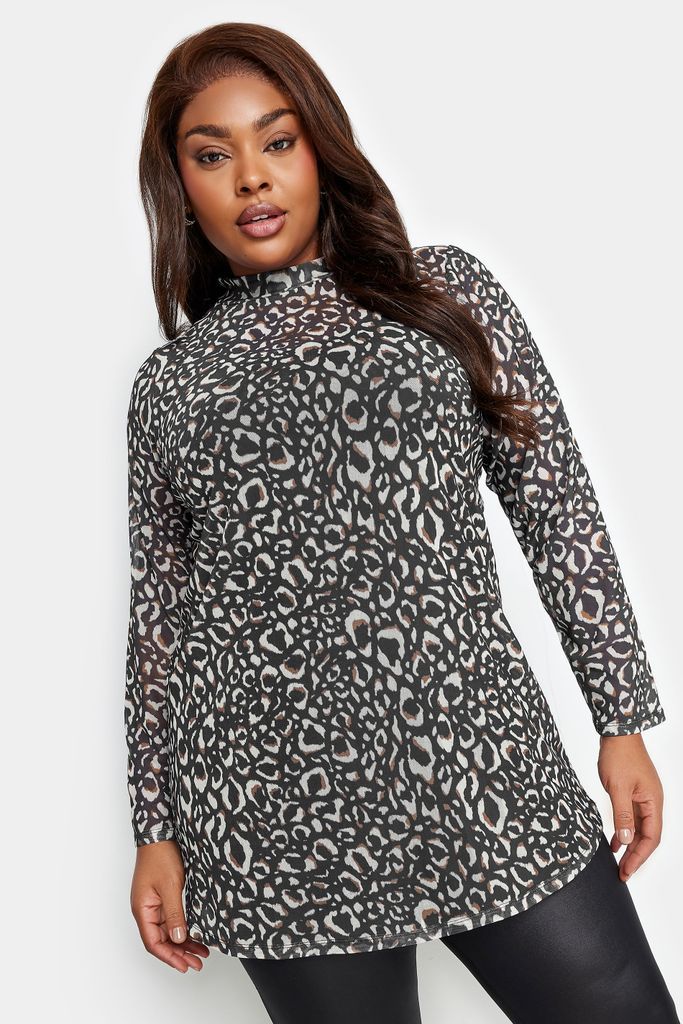 Curve Grey Leopard Print Mesh Top, Women's Curve & Plus Size, Yours