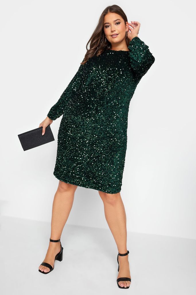 Curve Forest Green Long Sleeve Sequin Shift Dress, Women's Curve & Plus Size, Yours London