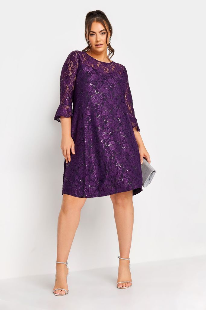 Curve Purple Lace Sequin Embellished Swing Dress, Women's Curve & Plus Size, Yours