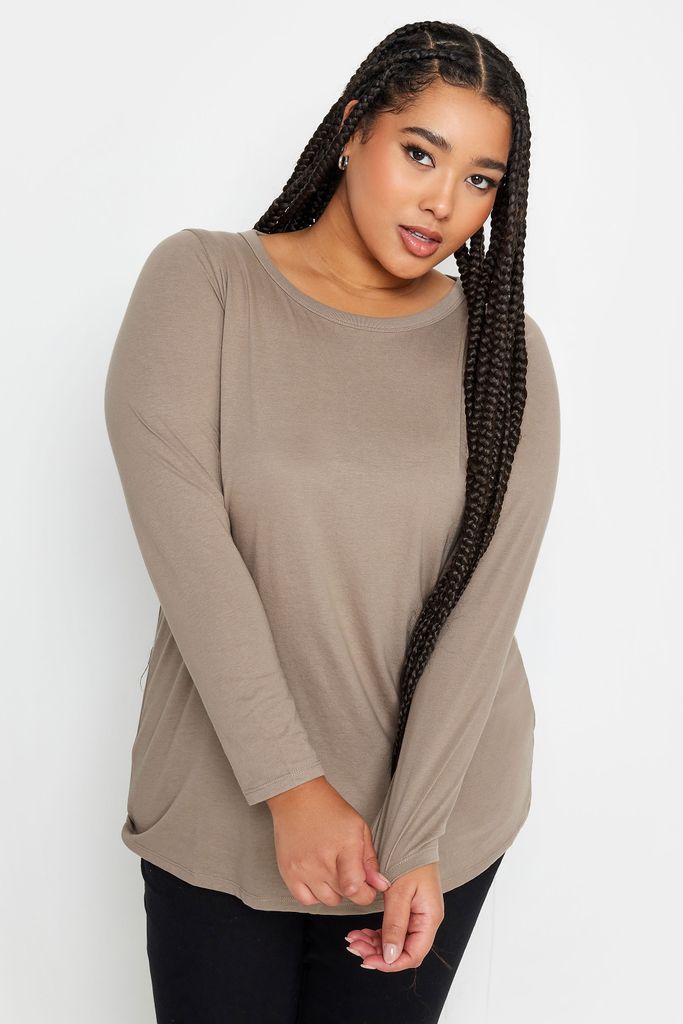 Curve Stone Brown Long Sleeve Top, Women's Curve & Plus Size, Yours
