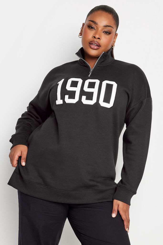 Curve Black '1990' Quarter Zip Sweatshirt, Women's Curve & Plus Size, Yours