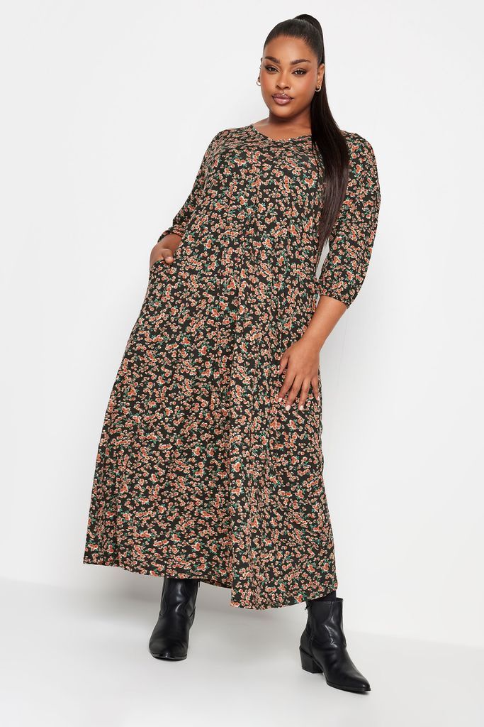 Curve Black & Red Floral Print Swing Maxi Dress, Women's Curve & Plus Size, Yours