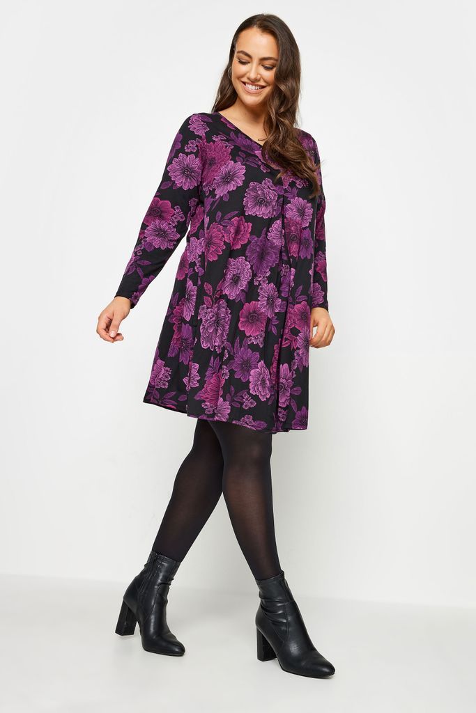 Curve Purple Floral Print Swing Mini Dress, Women's Curve & Plus Size, Yours