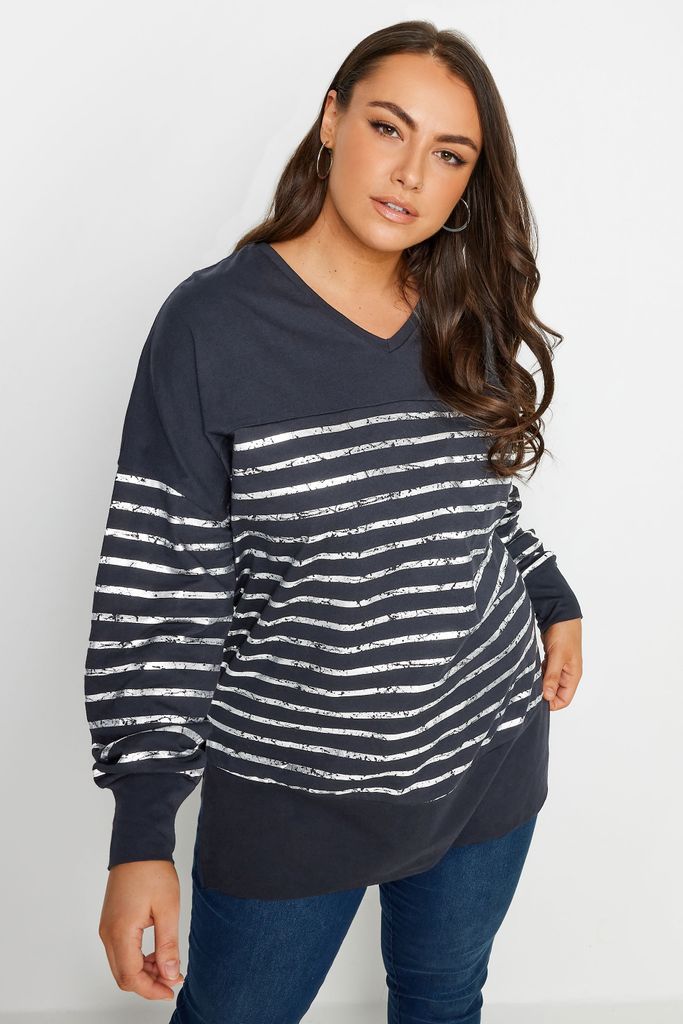 Yours Luxury Navy Blue Metallic Stripe Top, Women's Curve & Plus Size, Yours Luxury Capsule Collection