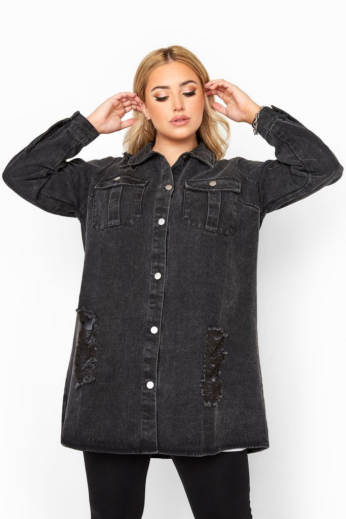 Black Washed Distressed Longline Denim Shacket, Women's Curve & Plus Size, Limited Collection