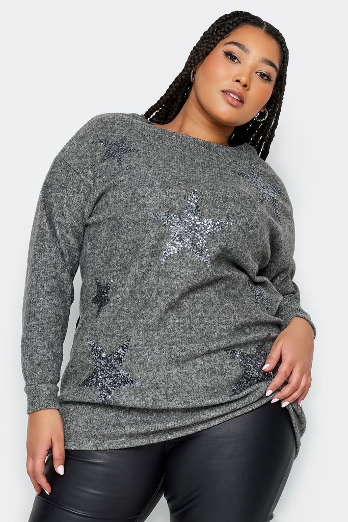 Curve Grey Sequin Star Soft Touch Top, Women's Curve & Plus Size, Yours