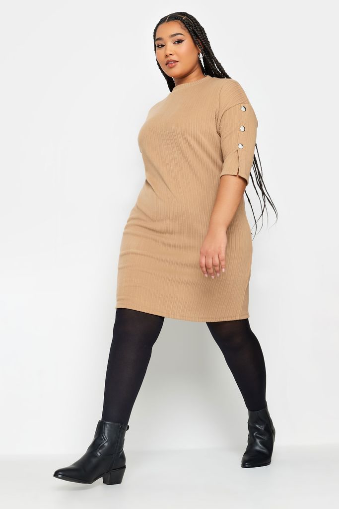 Curve Beige Brown Soft Touch Button Detail Mini Dress, Women's Curve & Plus Size, Yours