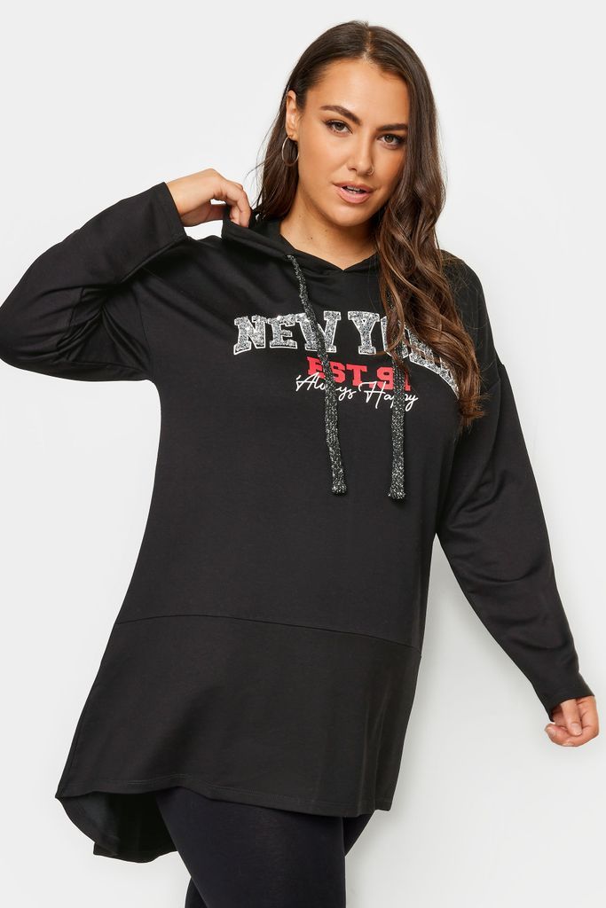 Curve Black 'New York' Slogan Longline Hoodie, Women's Curve & Plus Size, Yours