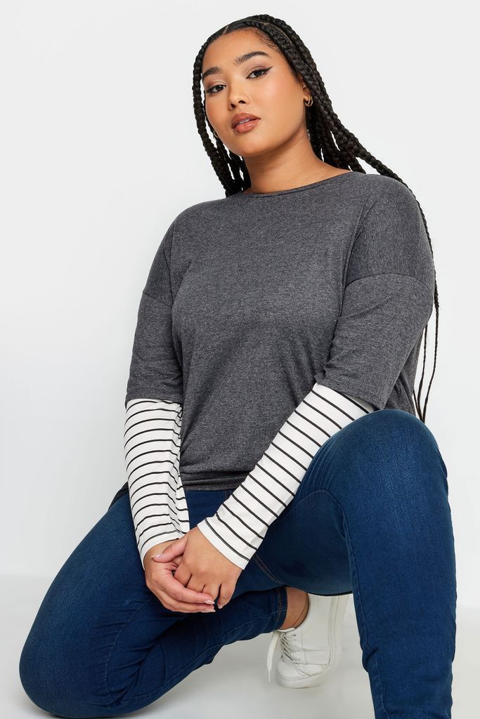 Curve Grey Stripe Sleeve Double Layer Tshirt, Women's Curve & Plus Size, Yours