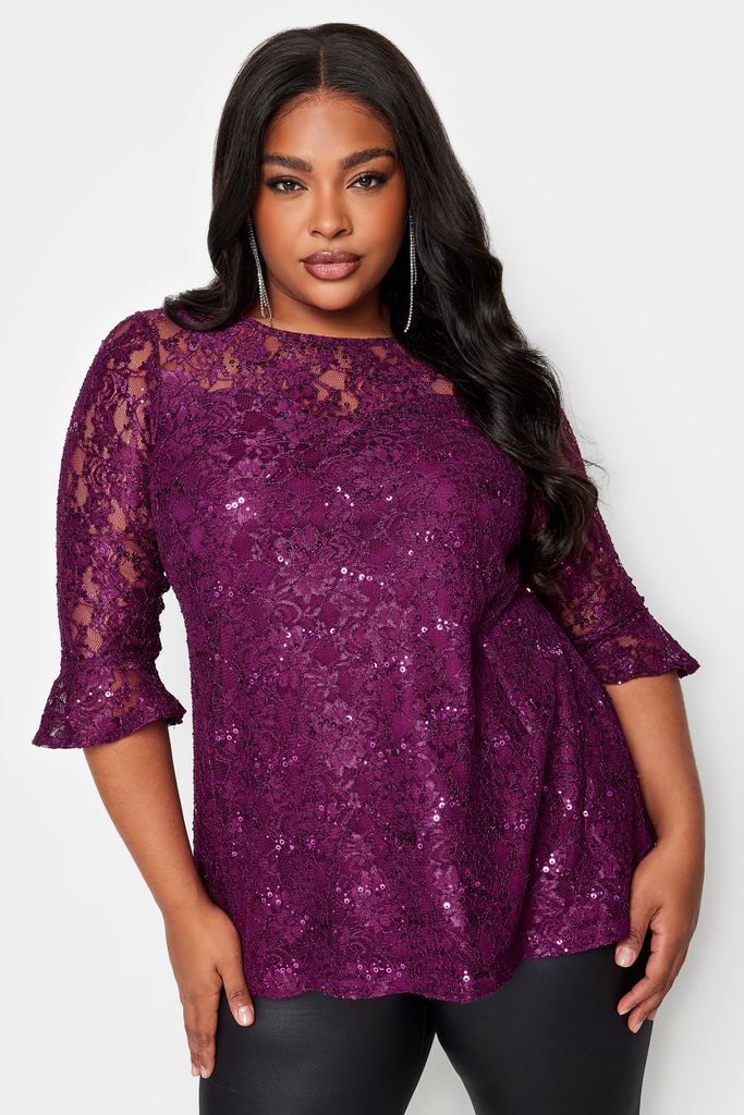 Curve Purple Lace Sequin Embellished Swing Top, Women's Curve & Plus Size, Yours