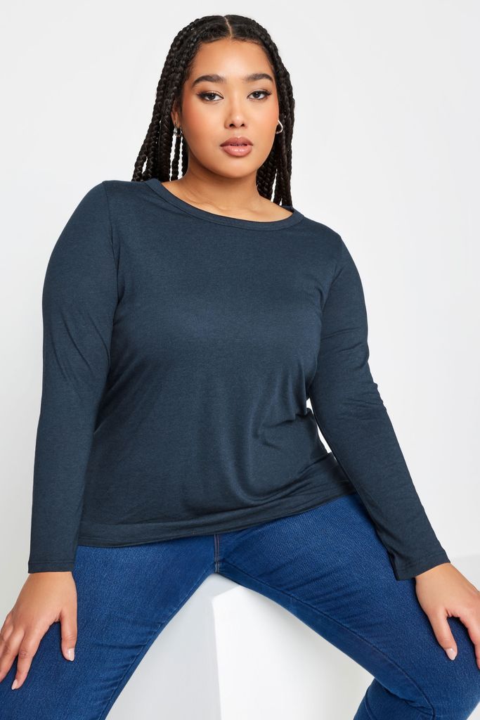 Curve Navy Blue Marl Long Sleeve Top, Women's Curve & Plus Size, Yours