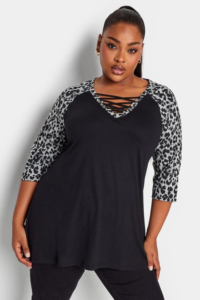 Curve Black Leopard Print Lace Up Eyelet Top, Women's Curve & Plus Size, Yours