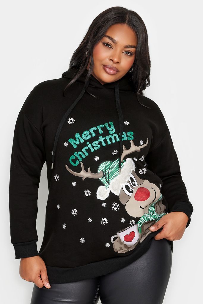 Curve Black 'Merry Christmas' Reindeer Print Hoodie, Women's Curve & Plus Size, Yours