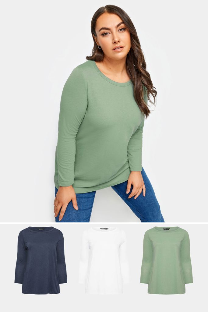 3 Pack Curve Navy Blue & White Long Sleeve Tops, Women's Curve & Plus Size, Yours