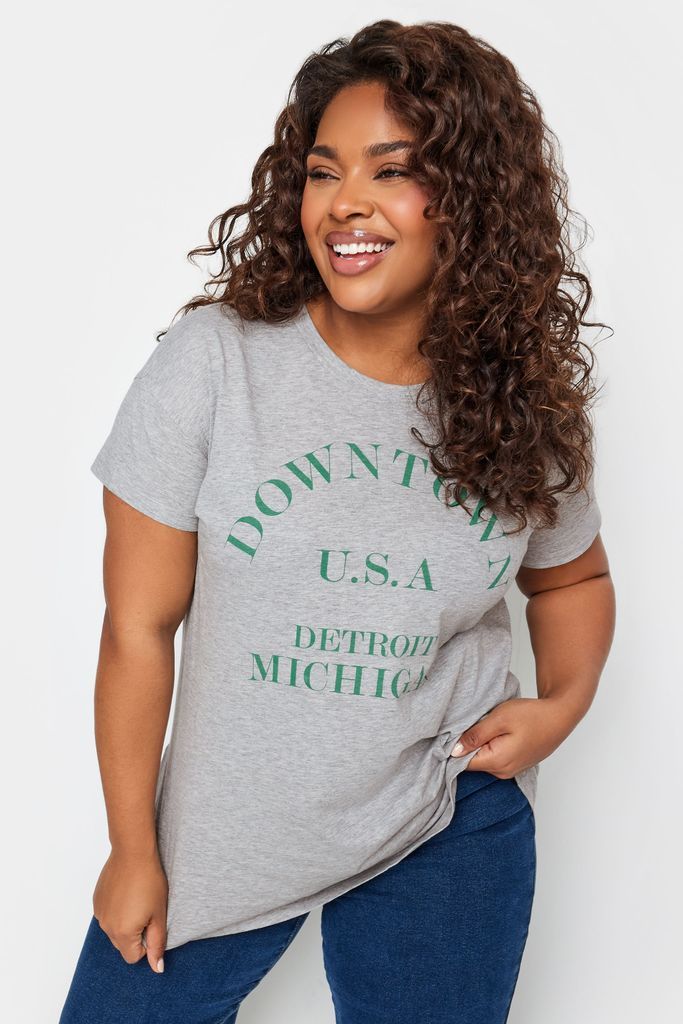 Curve Grey Marl 'Downtown' Slogan Print Tshirt, Women's Curve & Plus Size, Yours