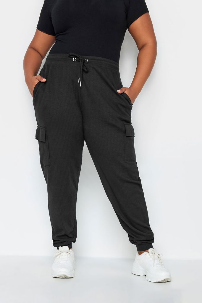 Curve Black Ribbed Cargo Joggers, Women's Curve & Plus Size, Yours