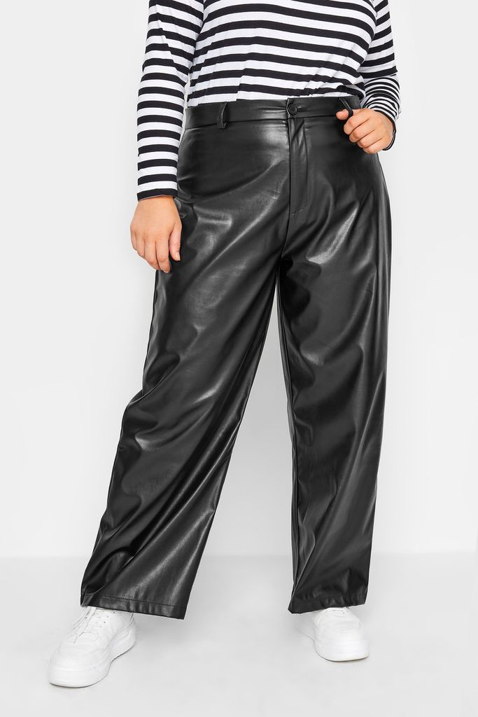 Curve Black Faux Leather Wide Leg Dad Trousers, Women's Curve & Plus Size, Yours