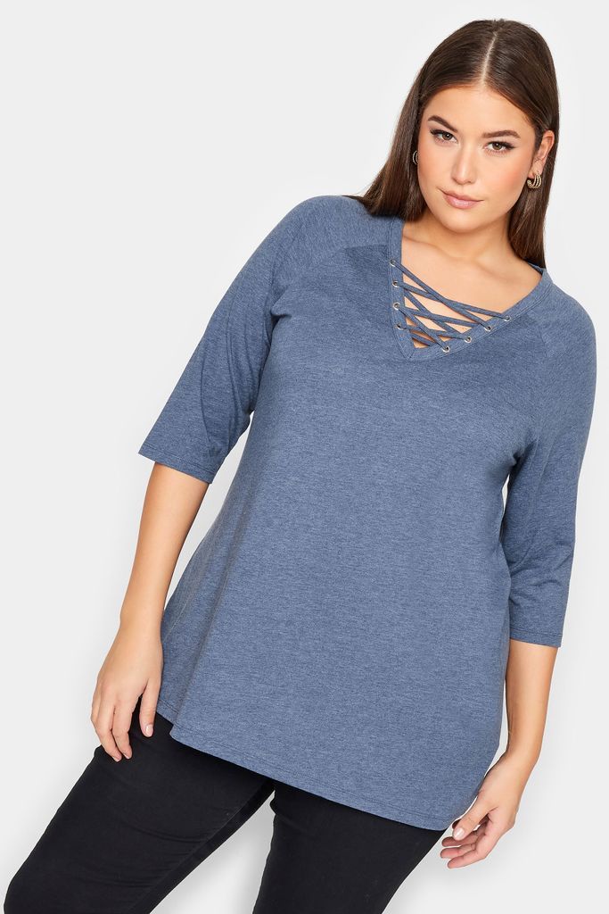 Curve Blue Marl Lace Up Eyelet Top, Women's Curve & Plus Size, Yours