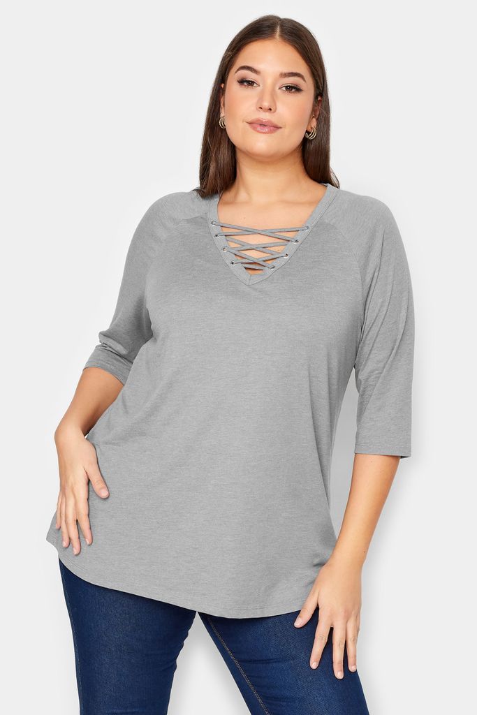 Curve Light Grey Lace Up Eyelet Top, Women's Curve & Plus Size, Yours