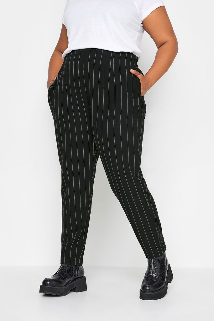 Curve Black Stripe Print Darted Waist Tapered Trousers, Women's Curve & Plus Size, Yours