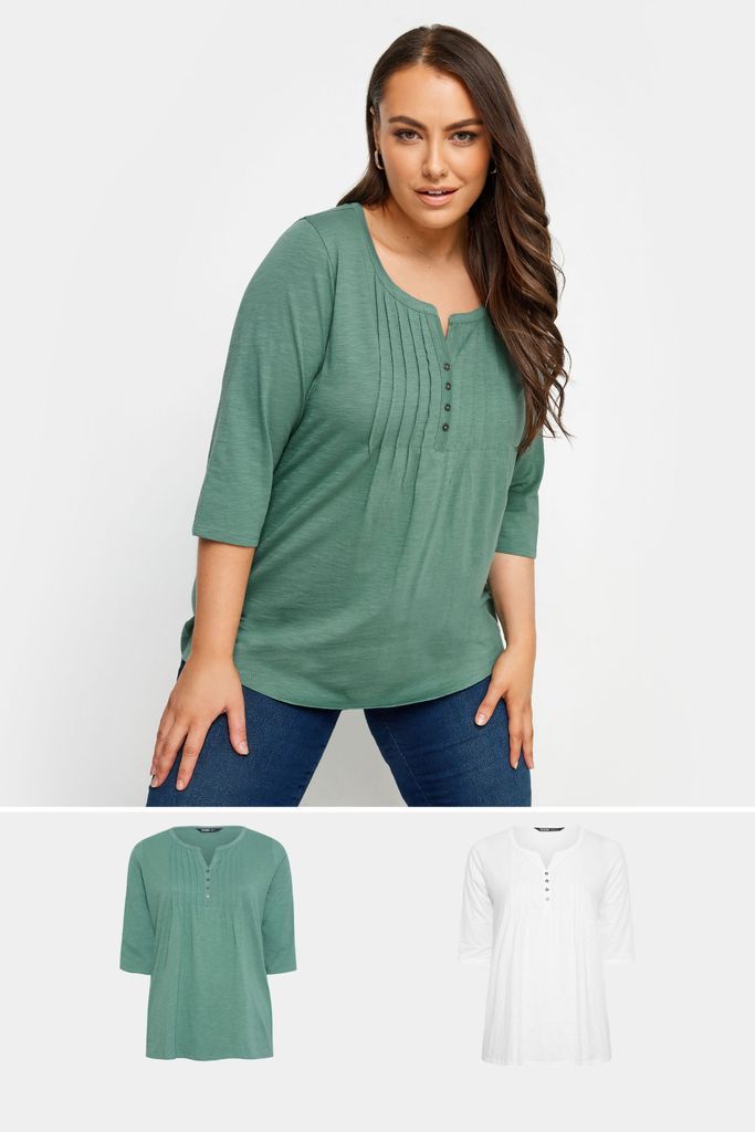 2 Pack Curve Green & White Pintuck Henley Tshirts, Women's Curve & Plus Size, Yours