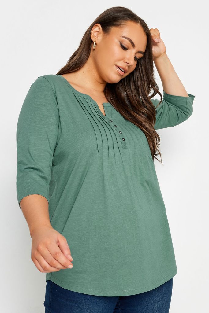 Curve Green Pintuck Henley Tshirt, Women's Curve & Plus Size, Yours