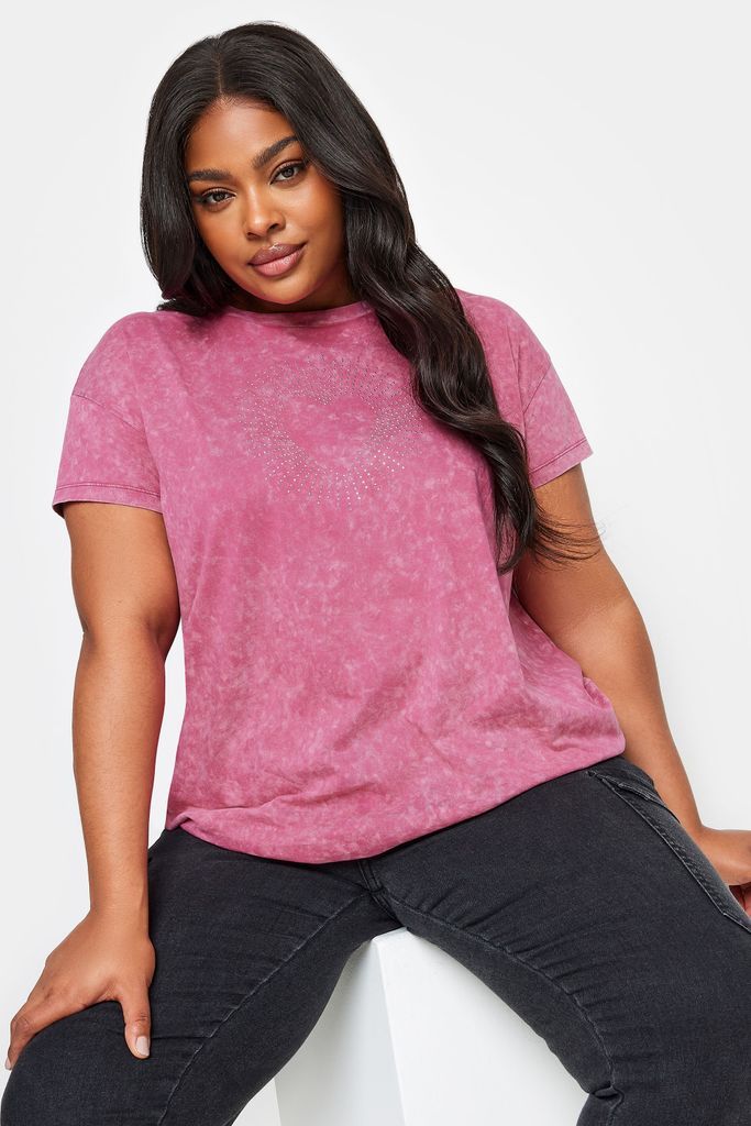 Curve Pink Acid Wash Heart Stud Tshirt, Women's Curve & Plus Size, Yours