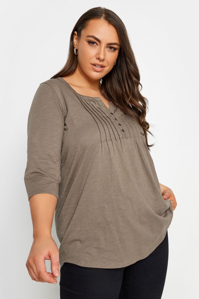 Curve Brown Pintuck Henley Tshirt, Women's Curve & Plus Size, Yours