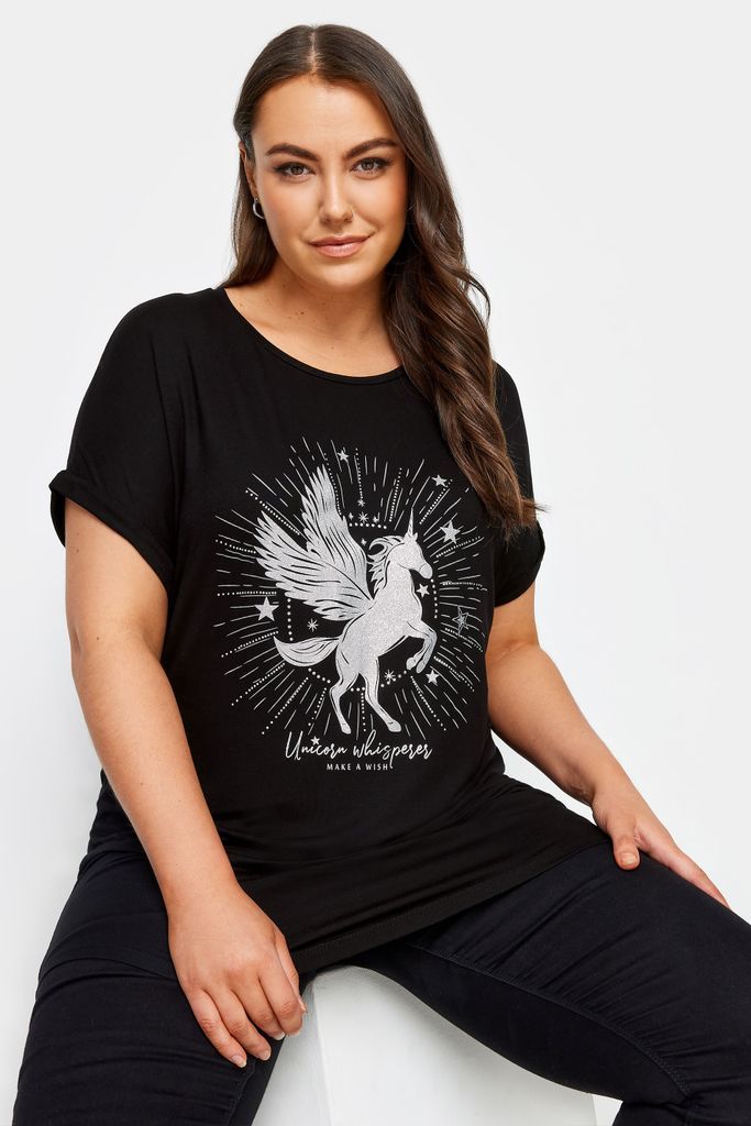 Curve Black Unicorn Design Glitter Embellished Tshirt, Women's Curve & Plus Size, Yours