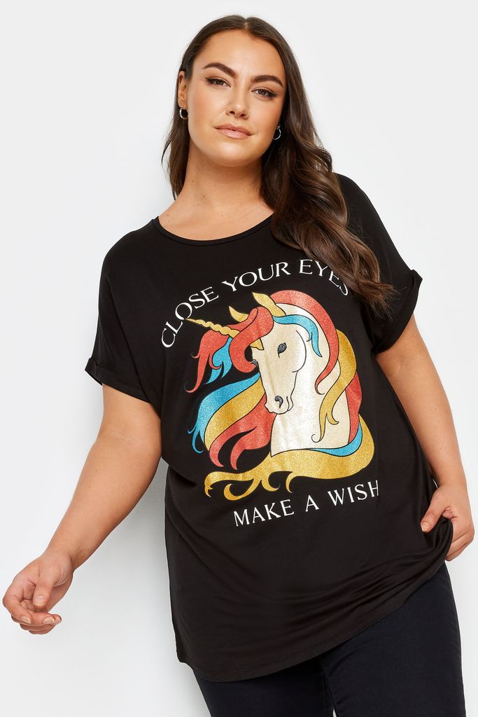 Curve Black Unicorn Wish Glitter Embellished Tshirt, Women's Curve & Plus Size, Yours