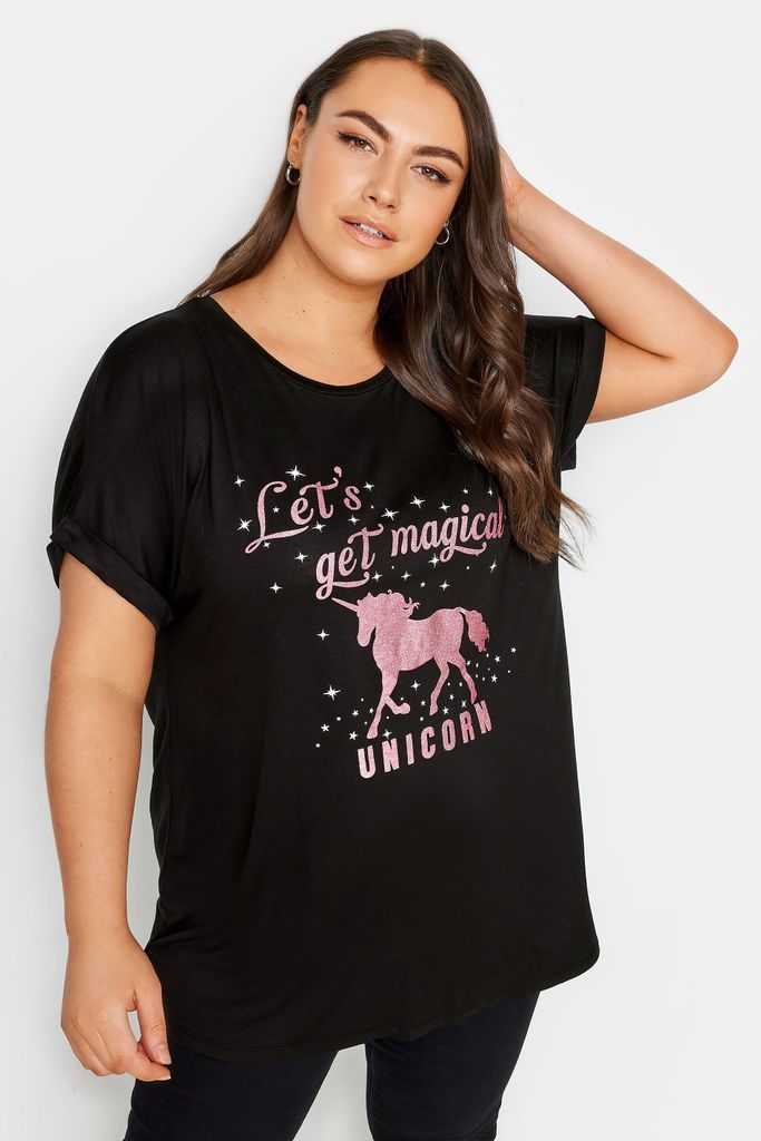 Curve Black Unicorn Magic Glitter Embellished Tshirt, Women's Curve & Plus Size, Yours