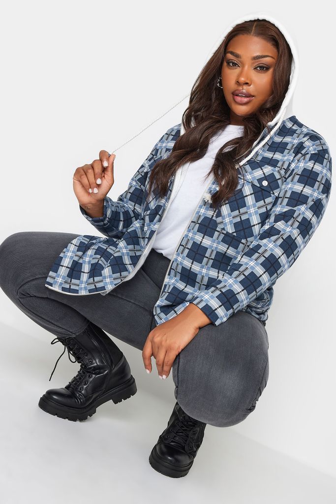 Curve Blue Check Zip Through Hooded Shacket, Women's Curve & Plus Size, Yours