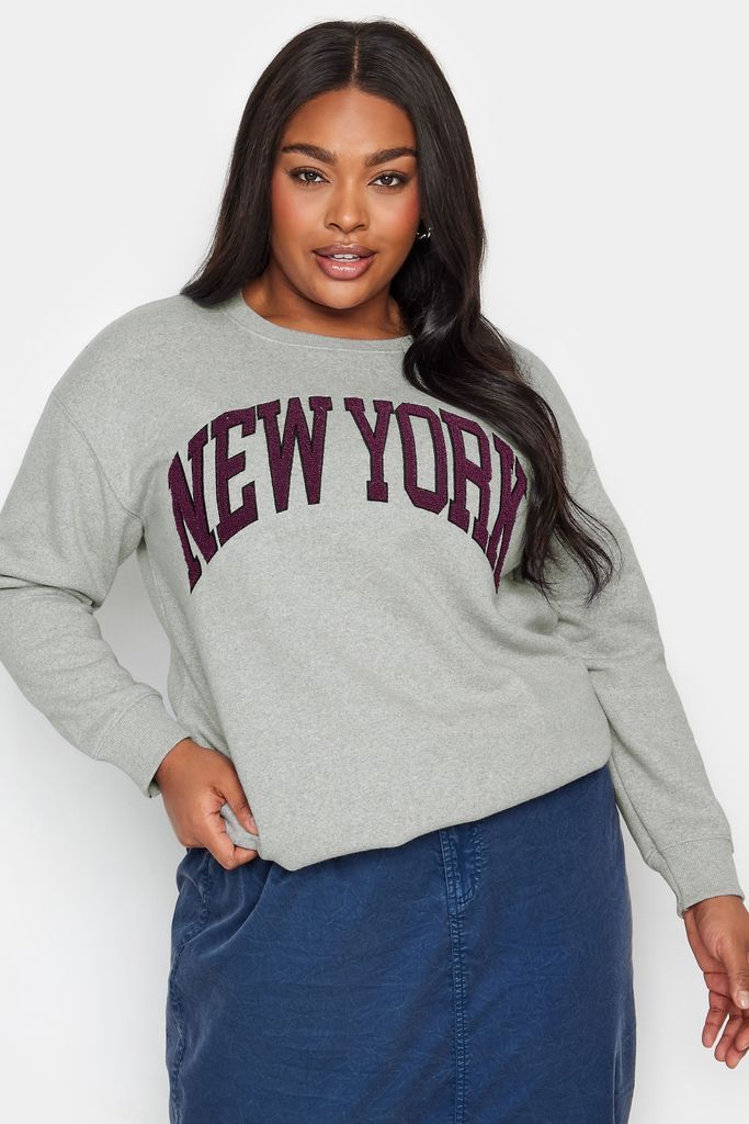 Curve Light Grey 'New York' Embroidered Slogan Sweatshirt, Women's Curve & Plus Size, Yours