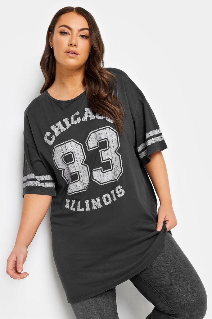 Curve Black Acid Wash 'Chicago' Slogan Tshirt, Women's Curve & Plus Size, Yours
