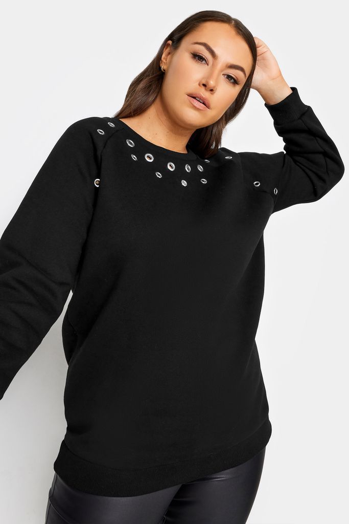 Curve Black Eyelet Detail Sweatshirt, Women's Curve & Plus Size, Yours