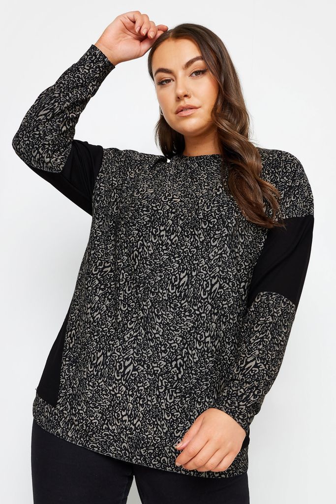 Curve Black Leopard Print Colourblock Sweatshirt, Women's Curve & Plus Size, Yours