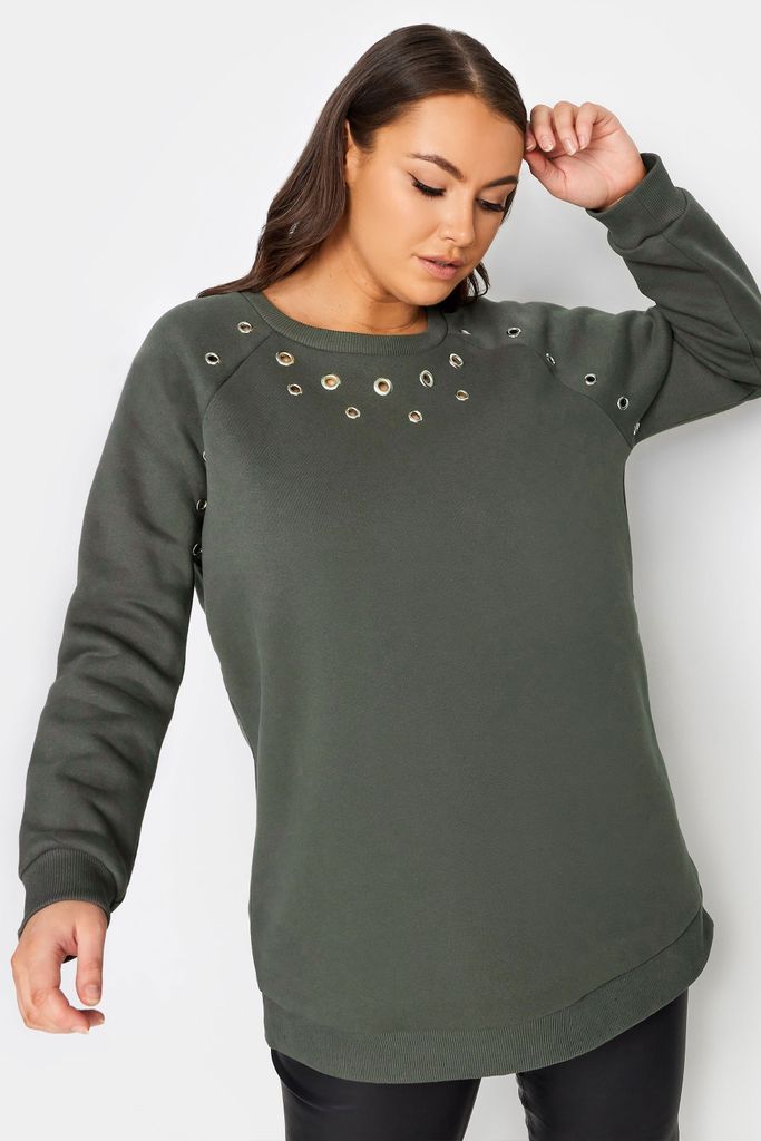 Curve Dark Green Eyelet Detail Sweatshirt, Women's Curve & Plus Size, Yours
