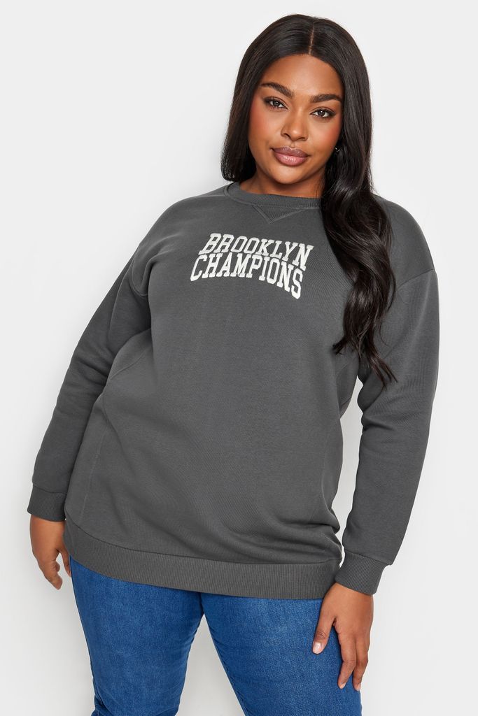 Curve Grey 'Brooklyn Champions' Slogan Sweatshirt, Women's Curve & Plus Size, Yours