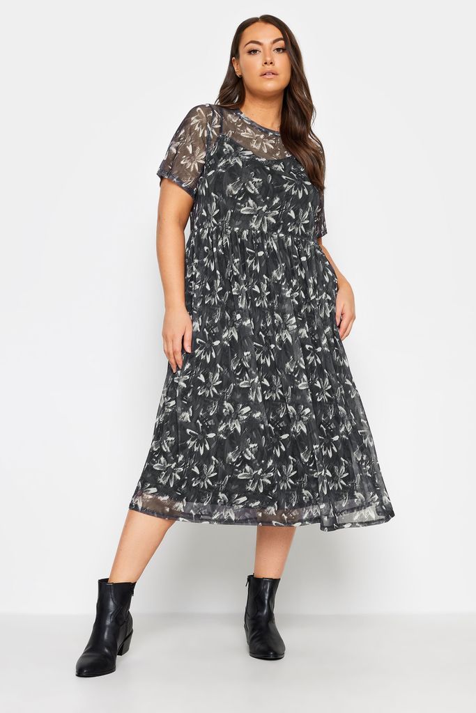 Curve Black & White Floral Print Mesh Smock Dress, Women's Curve & Plus Size, Yours