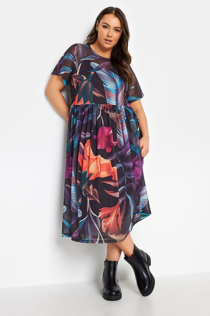 Curve Black Tropical Print Mesh Smock Dress, Women's Curve & Plus Size, Yours