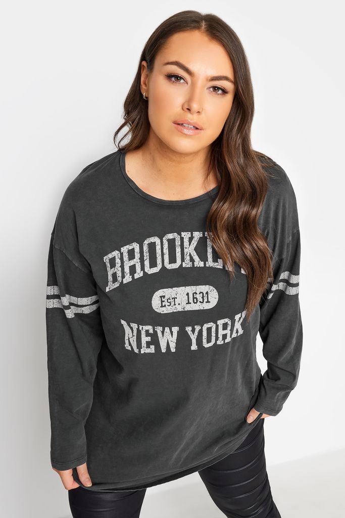 Curve Grey Acid Wash 'Brooklyn' Slogan Tshirt, Women's Curve & Plus Size, Yours